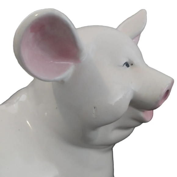 Vintage 90s White Smiling Pig Piggy Bank with pink nose, pink ears, cork stopper - Picture 7 of 9
